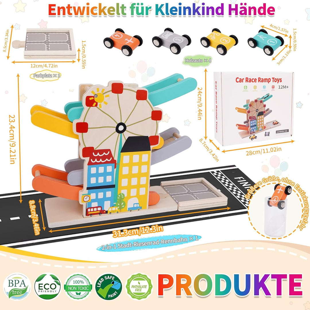 FCSONU Kinder Montessori Spielzeug ab 1-4 Jahre, Autorennbahn/Murmelbahn/Kugelbahn Holz ab 1 Jahr, K