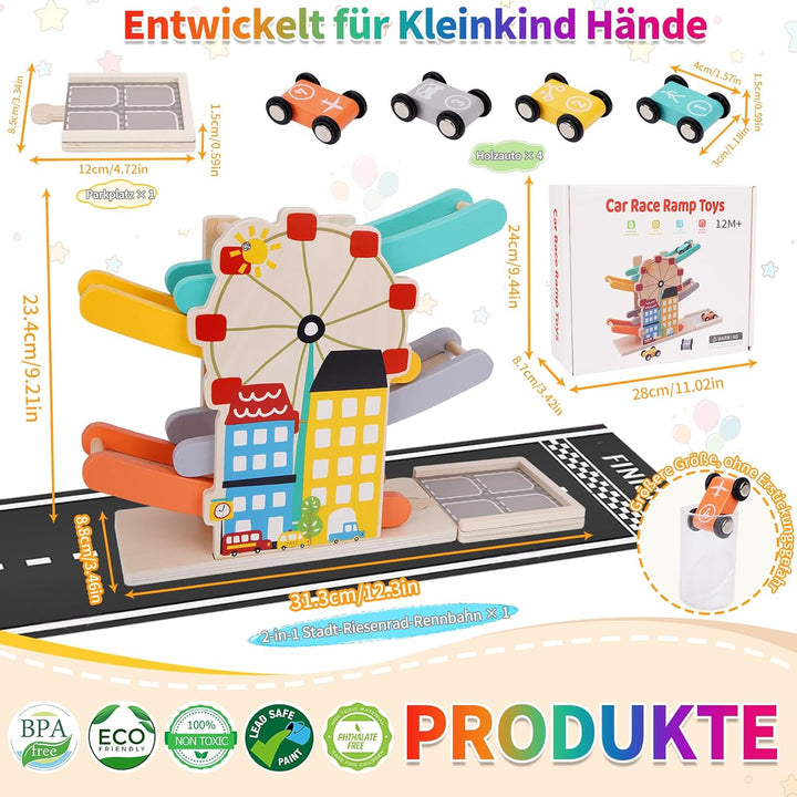 FCSONU Kinder Montessori Spielzeug ab 1-4 Jahre, Autorennbahn/Murmelbahn/Kugelbahn Holz ab 1 Jahr, K