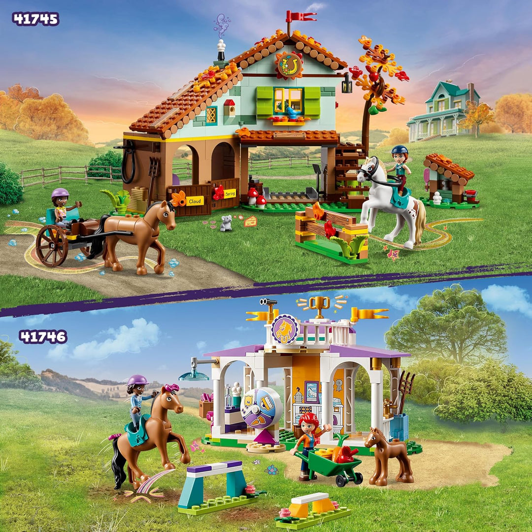 LEGO Friends Reitschule Set mit 2 Spielzeug-Pferden, Aliya und Mia Mini-Puppen, Reitstall- und Pferd
