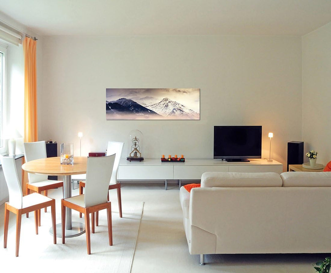 Paul Sinus Art Panoramabild auf Leinwand und Keilrahmen 150x50cm Berge Bäume Nebel Schnee Dämmerung