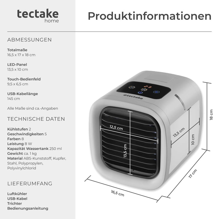 tectake® Luftkühler mit LED, mobile Klimaanlage ohne Abluftschlauch, Ventilator mit Wasserkühlung, K