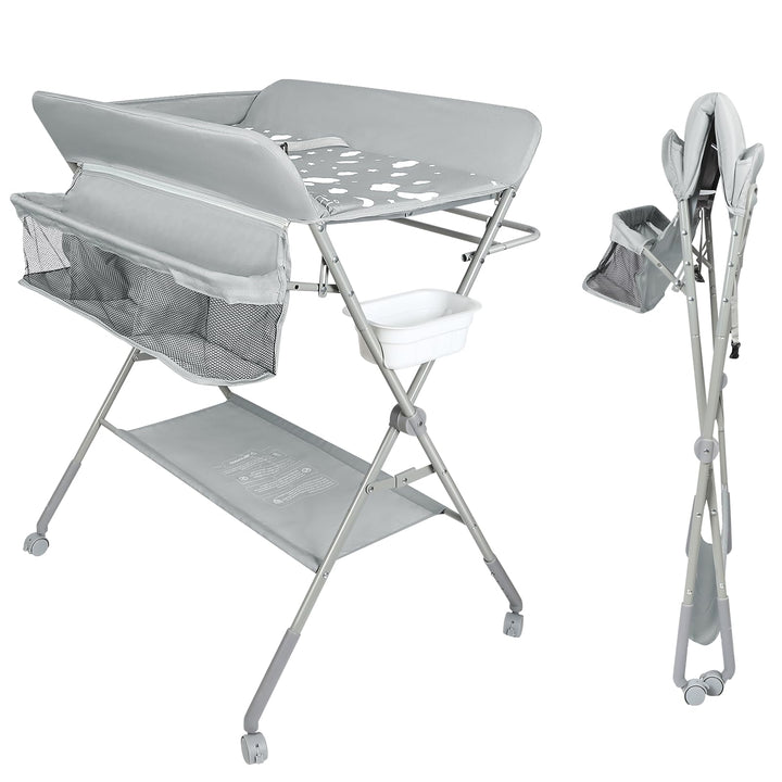 mobiler Wickeltisch mit Wickelaufsatz, Wickelkommode klappbar höhenverstellbar, Wickelkombi mit Sich