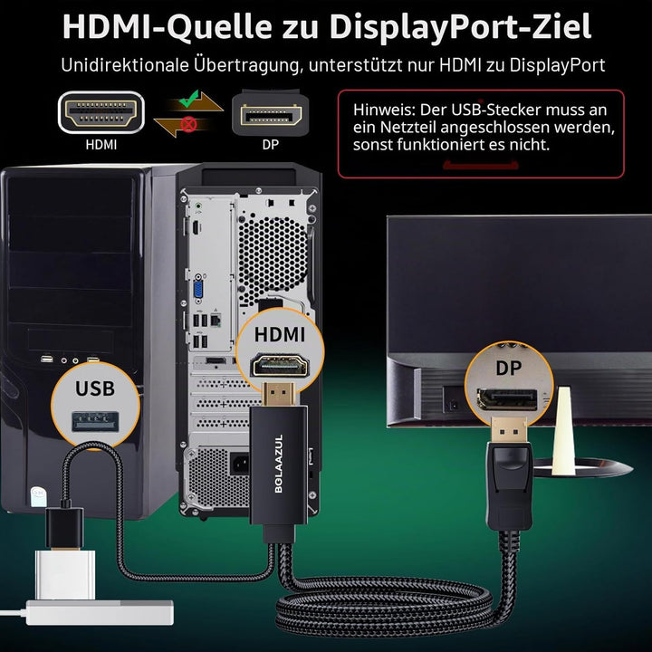 BolAAzuL HDMI auf DisplayPort-Kabel, 4K @ 60Hz, Schwarz, Unidirektional für PS5, PS4 Pro - Monitorka