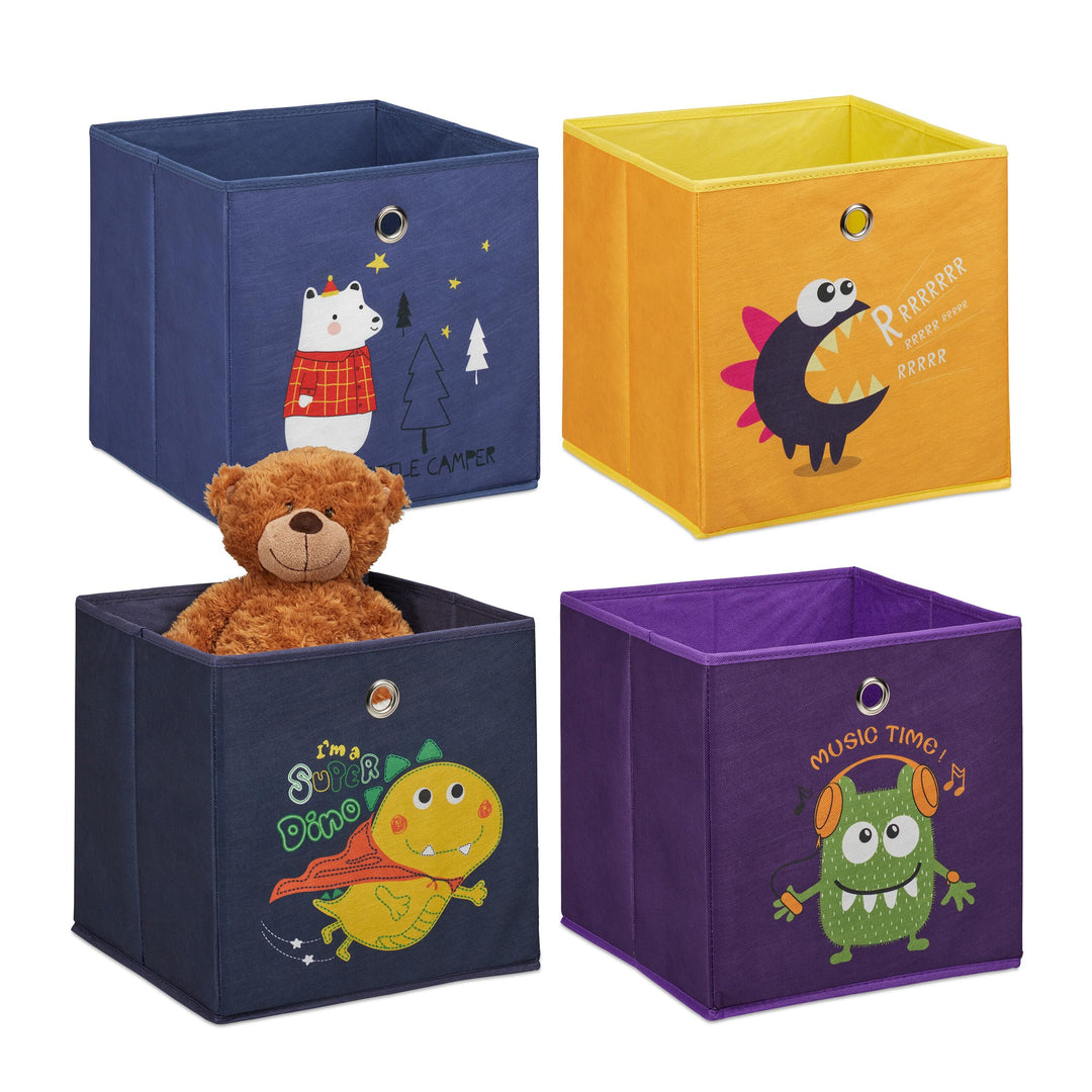 Relaxdays 4er Set, Kinder Aufbewahrungsboxen, Tiere & Monster, Faltbox für Würfelregale, HBT: 30x30x