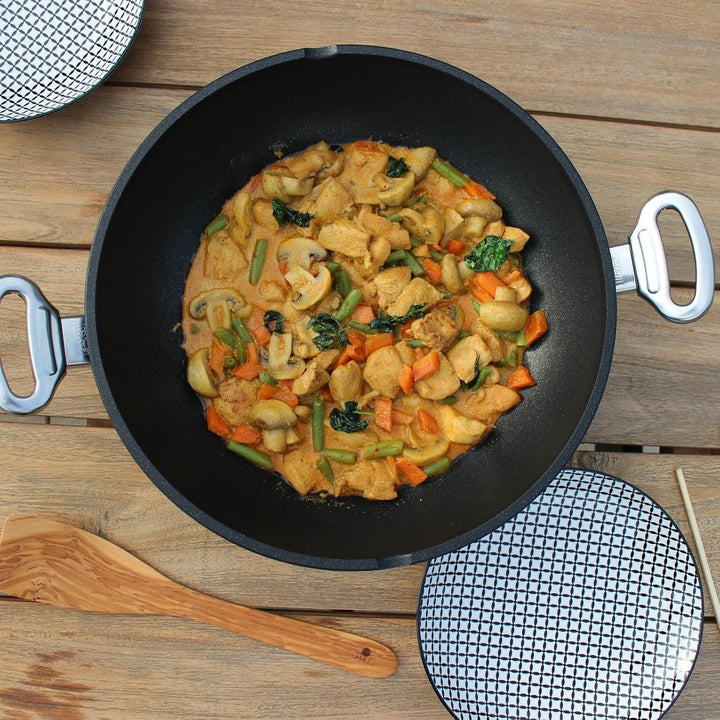 BAF Wok Induktion 32 cm mit Glasdeckel und Griffen - Aluguss Wokpfanne mit Antihaftbeschichtung, 10