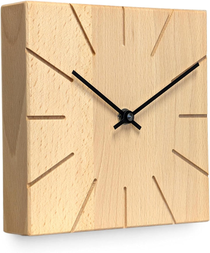 Natuhr Wanduhr Tischuhr Buche Holz - Beam - geräuscharm Massivholz Design 17 x 17 cm (Buche geölt Sc
