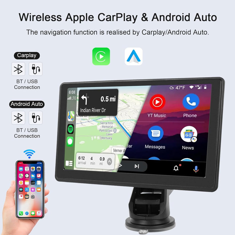 Hodozzy iOS Carplay Bildschirm für Auto, Portable 7 Zoll Touch Screen Wireless Carplay und Android A