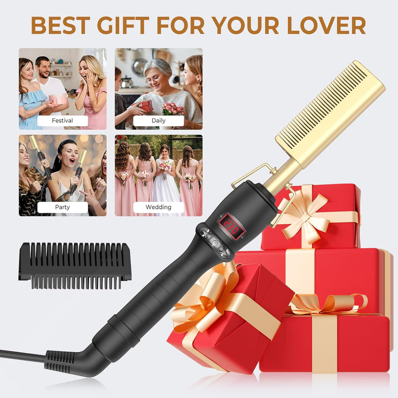 UKLISS Hot Comb for Wigs, Glättbürste mit LCD Dislpay, Glätteisen Locken und Glätten 2 in 1, Glättun