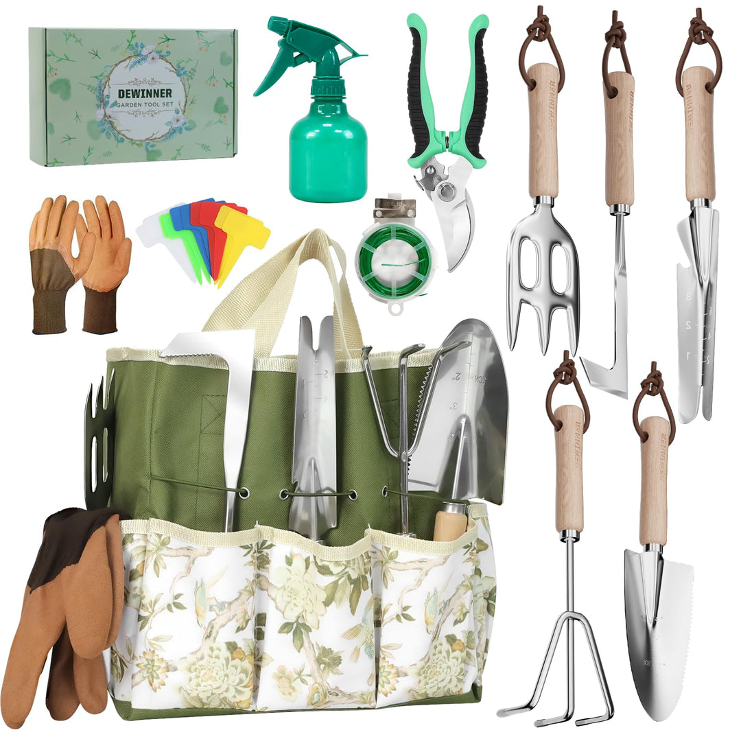 DEWINNER Garten Werkzeuge Set, 12 Stück Schwerlast Edelstahl Gartenarbeit Kit, Non-Slip Holzgriff, M