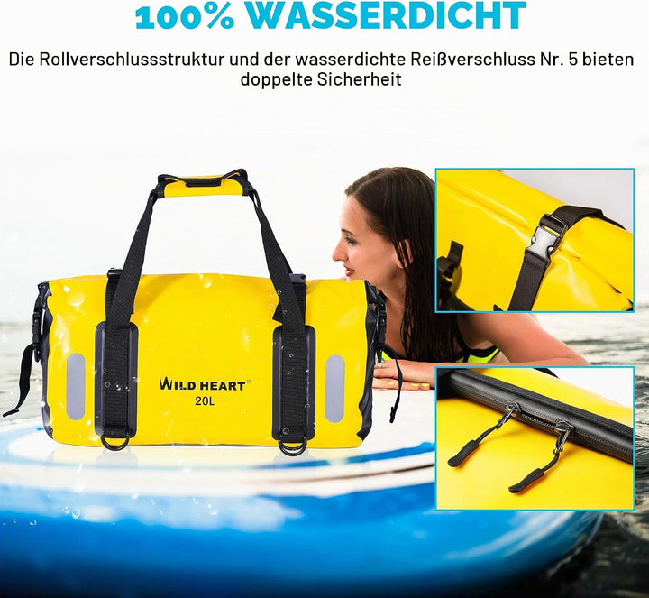 WILD HEART wasserdichte Tasche für Kajakfahren, Camping, Boot, Radfahren 20L 30L 40L 20L Gelb, 20L G