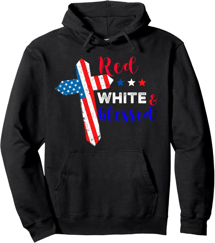 Kreuz Amerikanisch Flagge Rot Weiss Gesegnet Gläubige Gott Pullover Hoodie