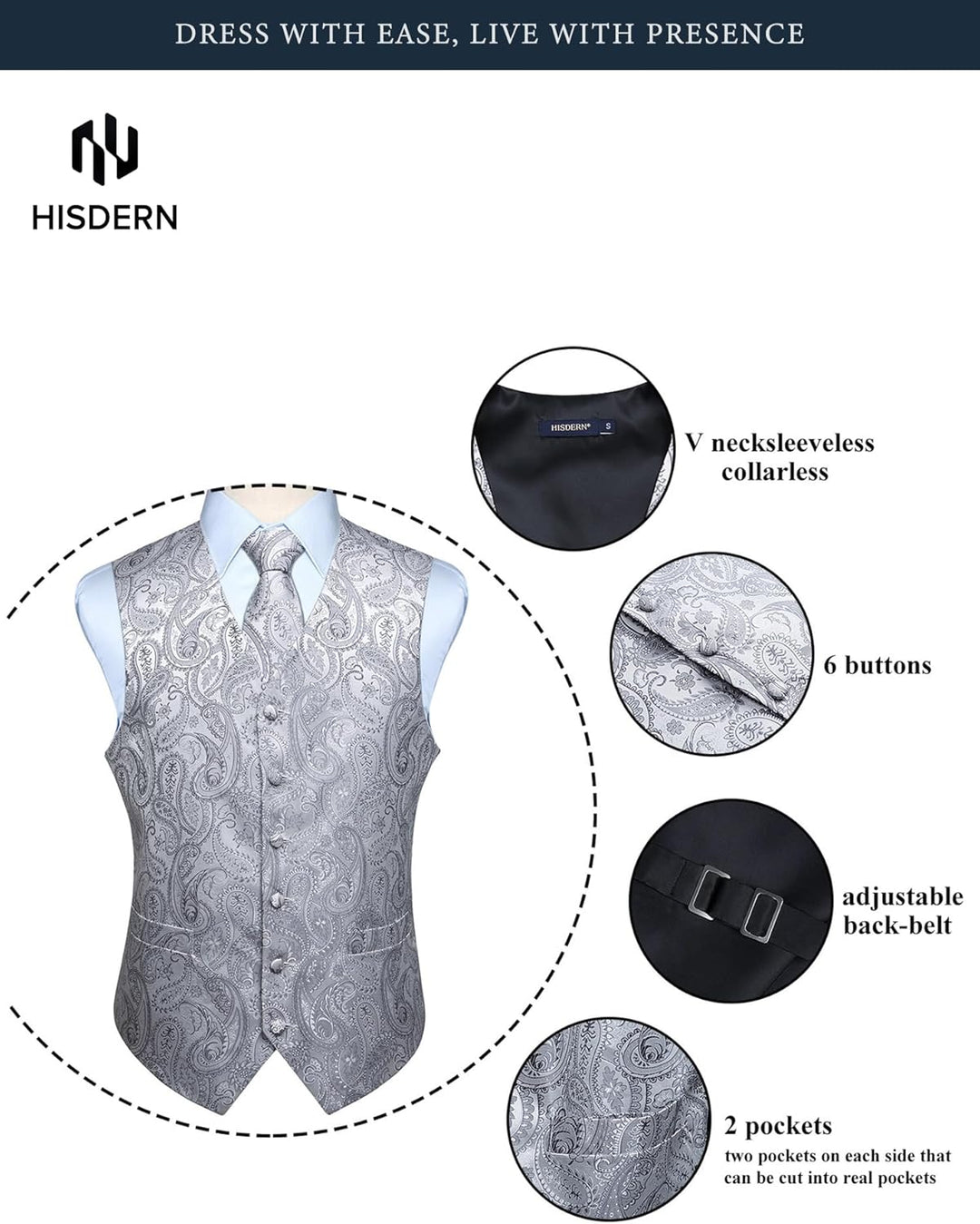 HISDERN Herren FLoral Hochzeit Weste Krawatte Einstecktuch Taschentuch Jacquard Weste Anzug Set M Gr
