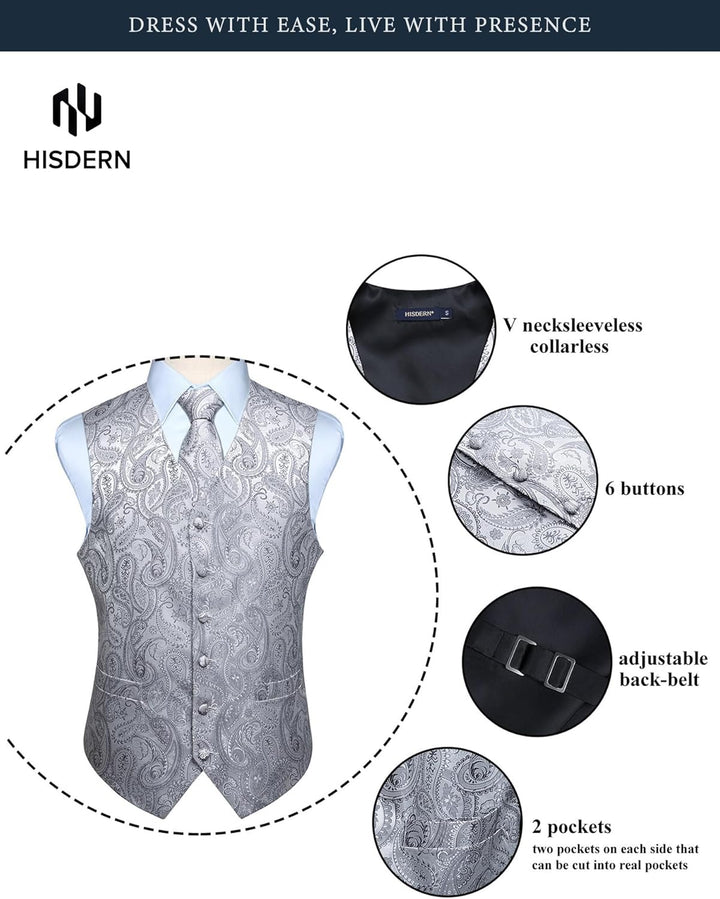 HISDERN Herren FLoral Hochzeit Weste Krawatte Einstecktuch Taschentuch Jacquard Weste Anzug Set M Gr