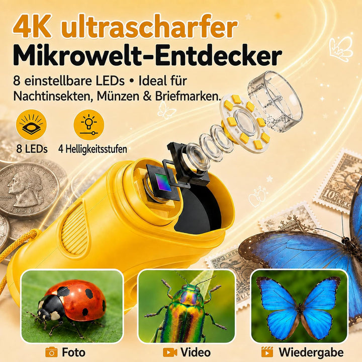 Mikroskop für Kinder, 1000X 4K Tragbares Digitales Mikroskop mit 2,4″ IPS-Display &amp; 8 LED, USB-aufla