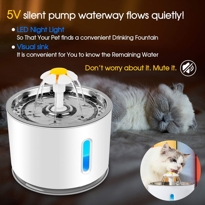 Katzen Trinkbrunnen,Haustierbrunnen mit Aktivkohlefilter Wasserstandsfenster, Leuchtende LED,2,4L Gr