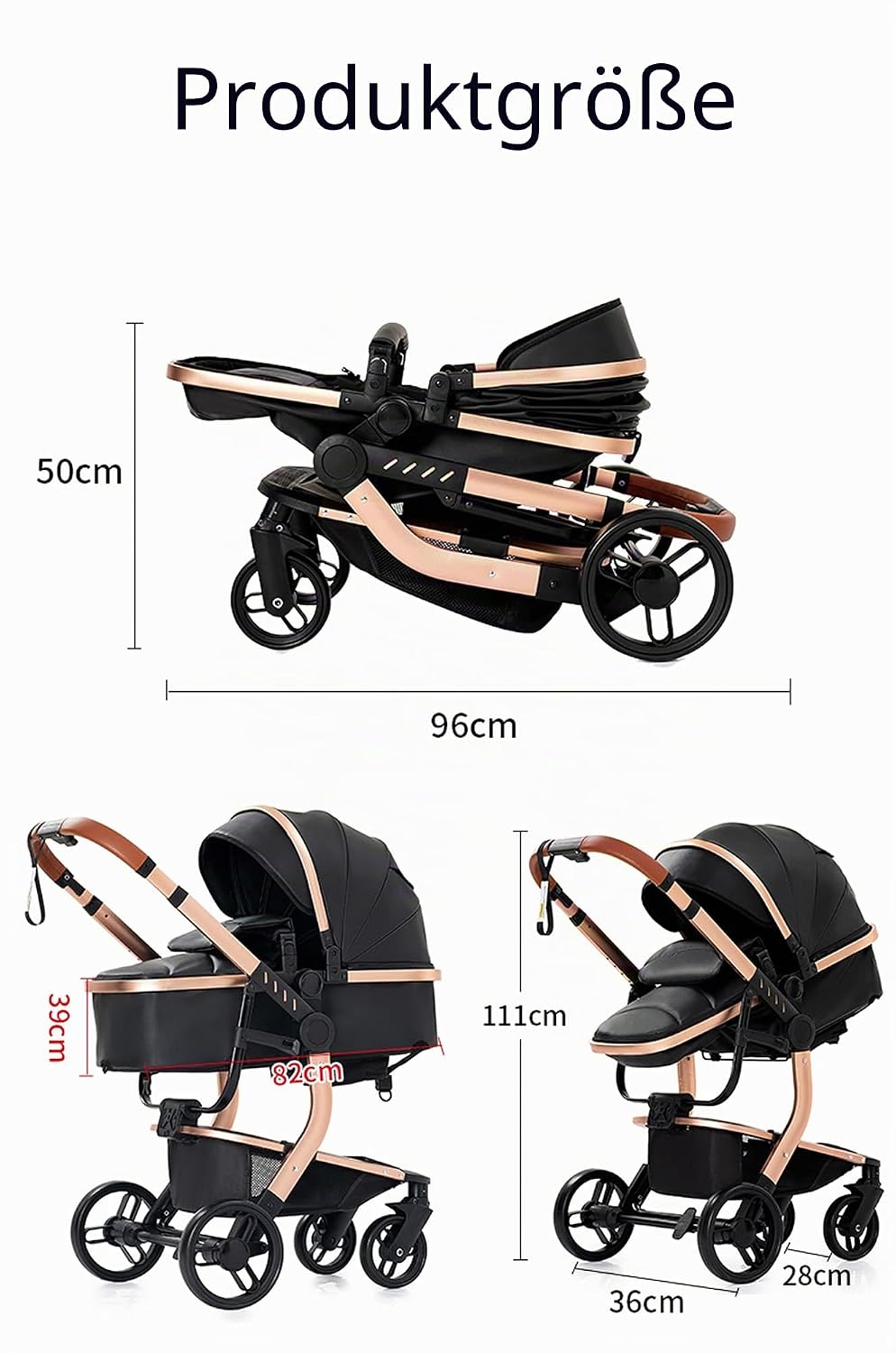 Reenborn PU-Leder Kinderwagen 3 in 1, Buggy mit Ein-Klick-Faltdesign Hohe Landschaft, Kinderwagen mi