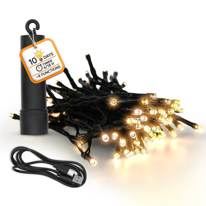 Akku Lichterkette per USB aufladbar bis 10 Tage Leuchtdauer mit Timer - 100 LED auf 7,4m - Aussen De