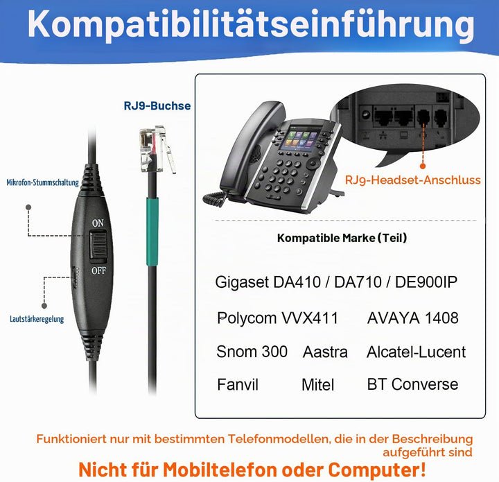 Telefon Headset RJ9 mit Mikrofon Noise Cancelling, Festnetztelefon Kopfhörer für Gigaset DA710 Polyc