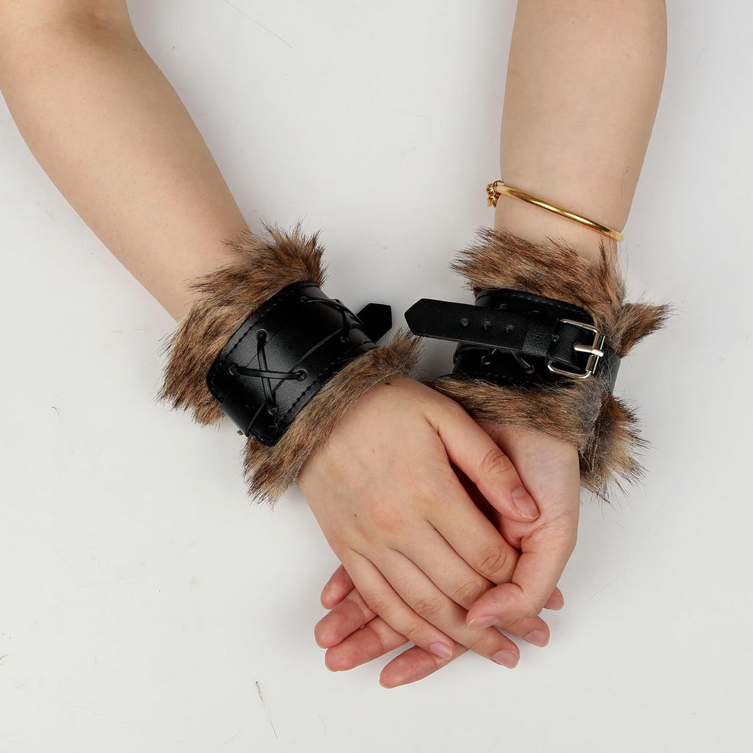 keland 1 Paar Wikinger Pelz Leder Armschienen Armschutz Mittelalter Armbänder für Damen Herren (X-Sc