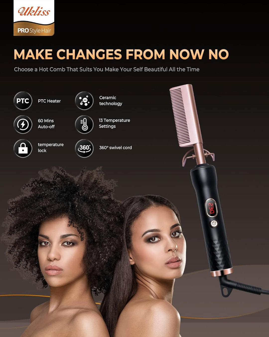 UKLISS Hot Comb, Haarglätter Kamm, Glättkamm, Hot Comb for Wig, Thermal Brush mit LCD 120-230℃, Hair