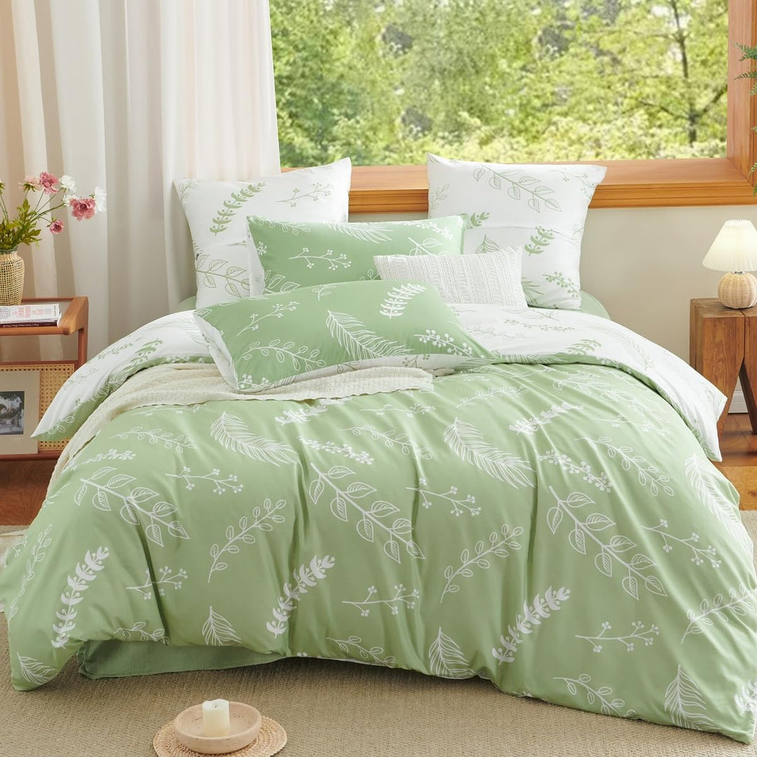 Lanqinglv Bettwäsche 200x220 Grün Weiss Blumen Blätter Wende Bettwäsche Set Pflanzen Bettbezug mit R