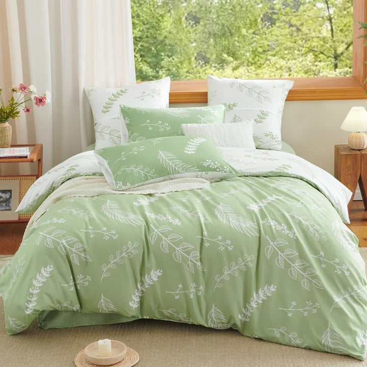 Lanqinglv Bettwäsche 200x220 Grün Weiss Blumen Blätter Wende Bettwäsche Set Pflanzen Bettbezug mit R