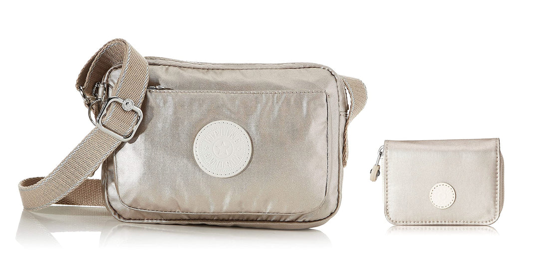 Kipling Damen Abanu Umhängetasche Silber (Metallic Glow) + Damen Tops Geldbörse Silber (Metallic Glo