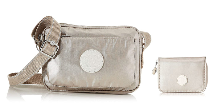 Kipling Damen Abanu Umhängetasche Silber (Metallic Glow) + Damen Tops Geldbörse Silber (Metallic Glo
