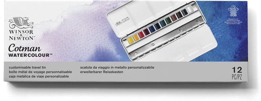 Winsor &amp; Newton 0390453 Blue Box, 12 lebendige Wasserfarben aus hochwertigen Pigmenten in 1/2 Näpfen
