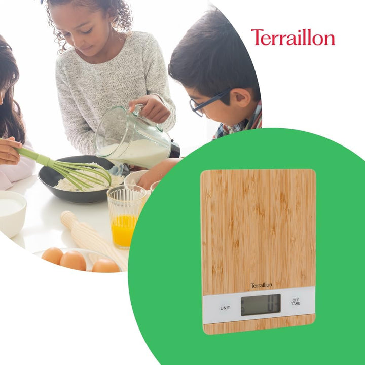 TERRAILLON Bamboo Küchenwaage, USB, wiederaufladbar über USB, automatische Abschaltung – Tara-Funkti