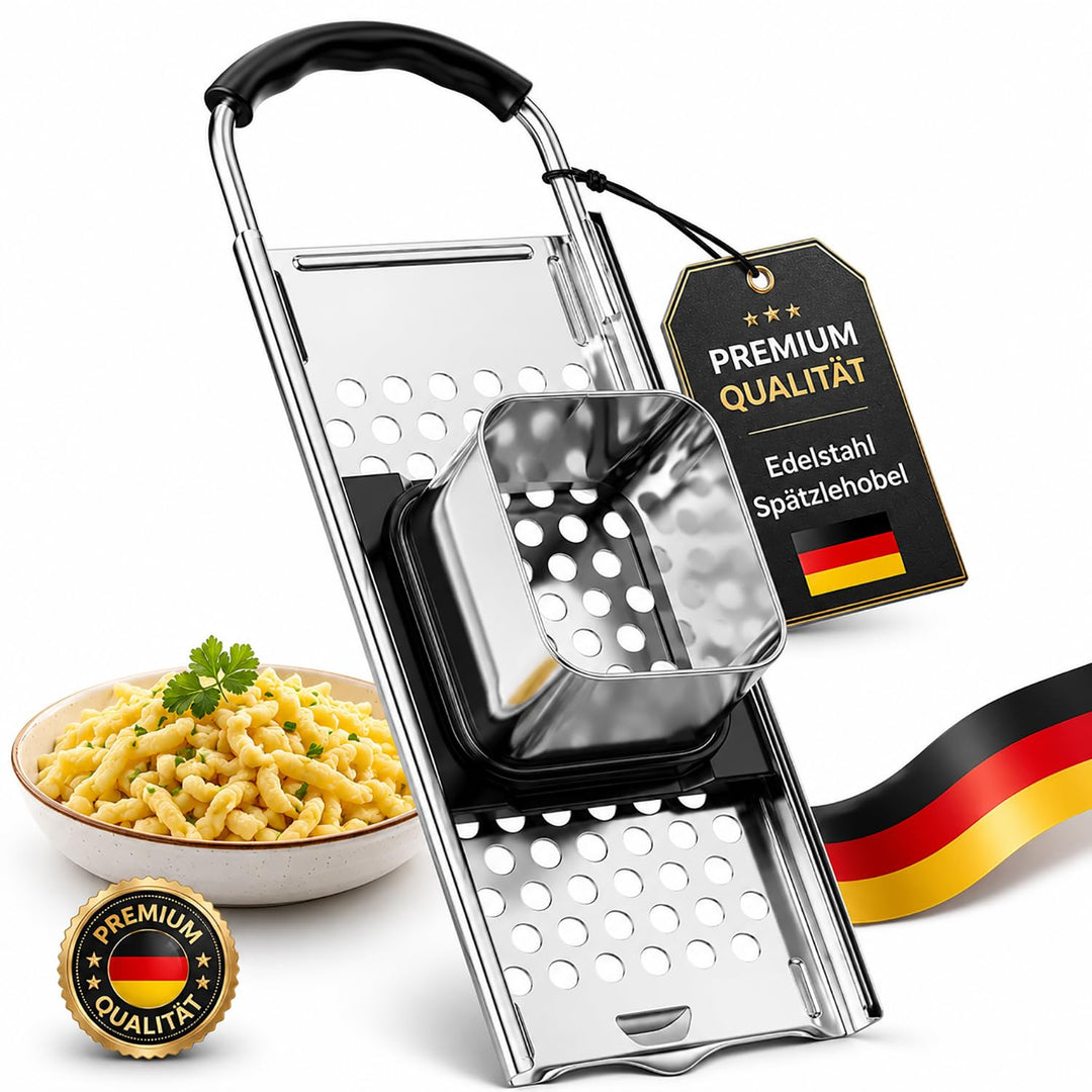 Edelstahl Spätzlehobel, Spätzlepresse mit Gummigriff, Spätzle Reibe, Spätzlehobel mit Teigschlitten,
