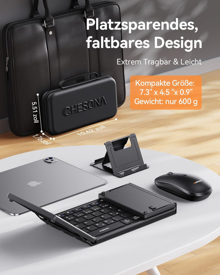 Chesona Faltbare Tastatur und Maus Sets – Ultra Slim 600g mit 2,4 G + Dual-Bluetooth, kompakte kabel