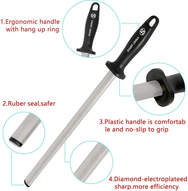 NC 31cm Diamant Wetzstahl Professionelle Wetzstab für Koch, Haus, Jagd - Messer-Schärfer in Schwarz