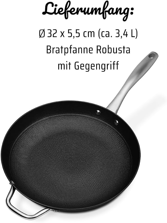 GSW 716482 Bratpfanne Robusta 32cm mit Gegengriff, Gusseisen, Edelstahl rostfrei, schwarz