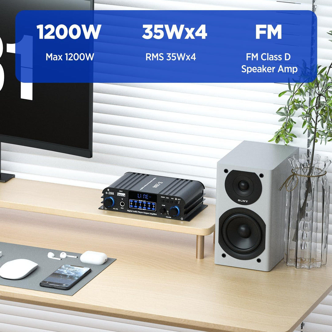 4.1-Kanal Verstärker, 1200W Mini HiFi Stereo Verstärker, Bluetooth 5.0 für Heimlautsprecher 35W x 4