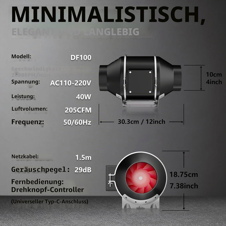 KAVUNION Rohrventilator 100 mm, 40 W EC-Motor 2600 U/min 205 m³/h Rohrlüfter 100mm mit Fernbedienung