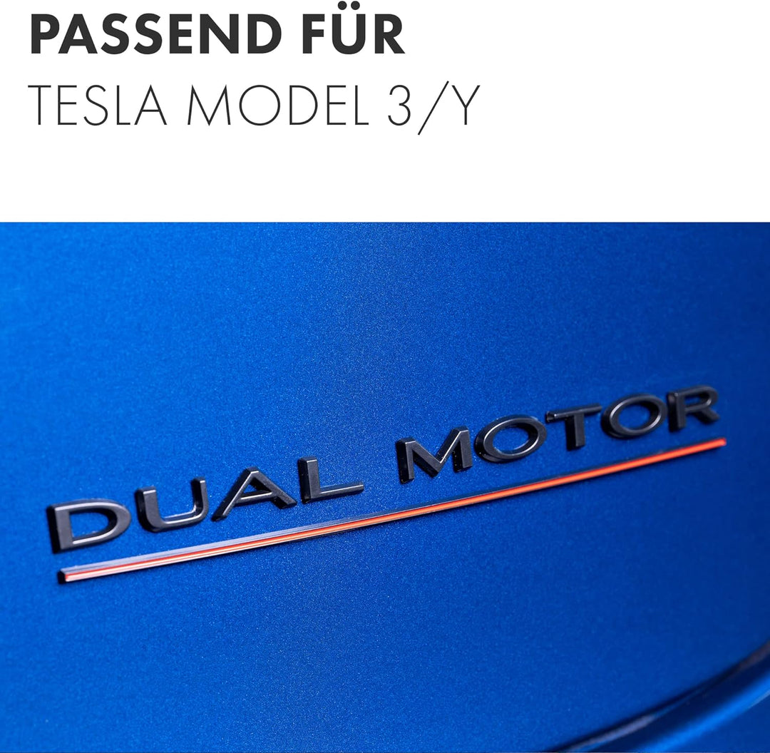 Shop4EV Dual Motor Logo-Emblem - Mattschwarz mit rotem Unterstrich, für Tesla Model Y/3, Langlebiges
