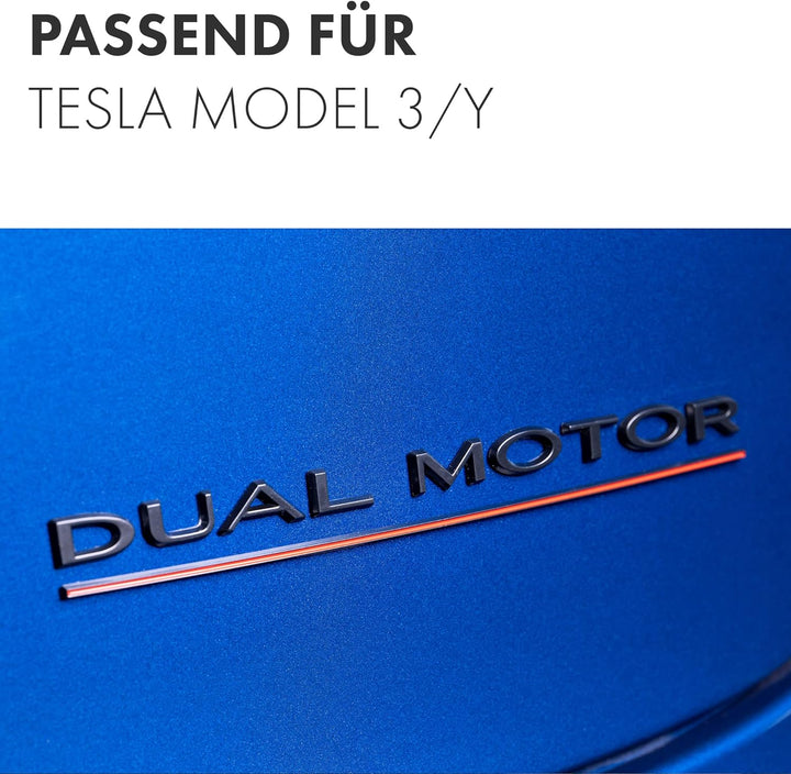 Shop4EV Dual Motor Logo-Emblem - Mattschwarz mit rotem Unterstrich, für Tesla Model Y/3, Langlebiges