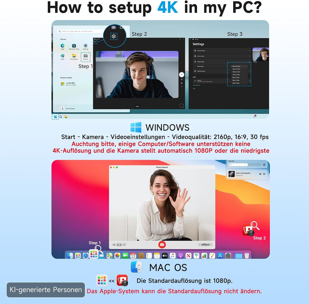 AOC Webcam 4K Ultra HD, Webcam mit Mikrofon & Objektivabdeckung, PC Kamera Plug & Play, 99° Ansicht,