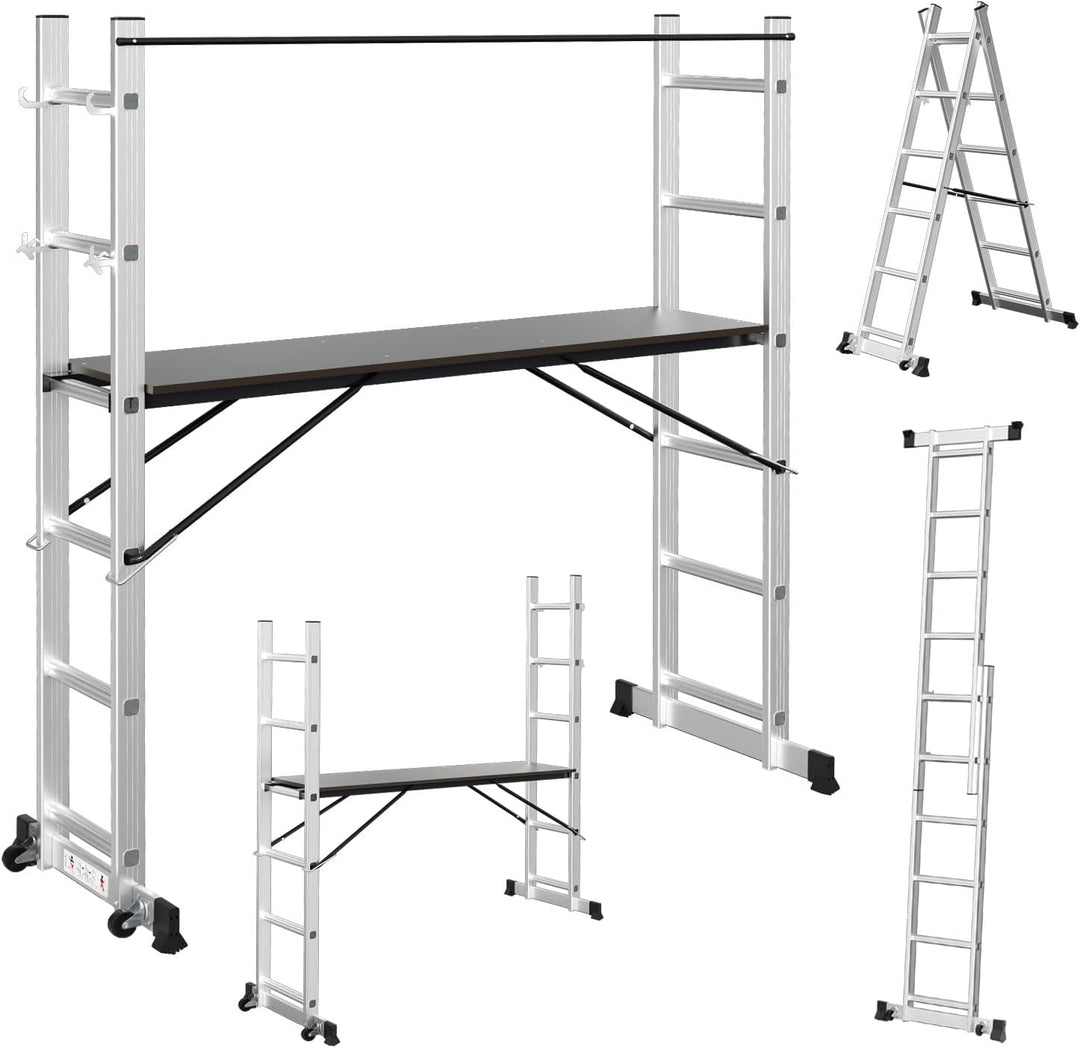 Gimisgu Gerüst, 4 in 1 Alu Multifunktionsleiter 6+6 Stufen, Mobile Mehrzweckleiter mit Plattform und