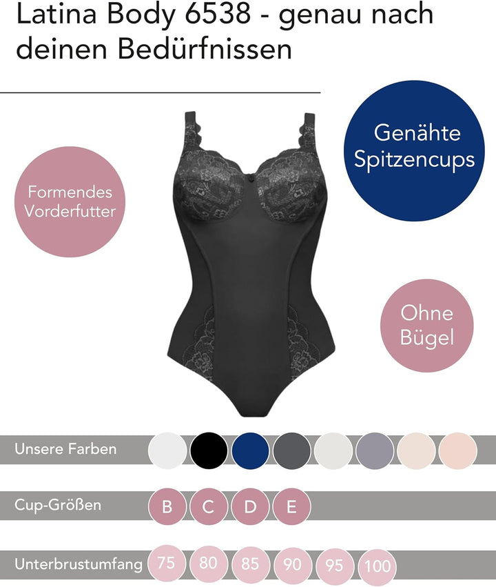 SUSA Body Damen ohne Bügel I Serie Latina I Modischer Body mit hübscher Spitze im Cup & am Beinaussc