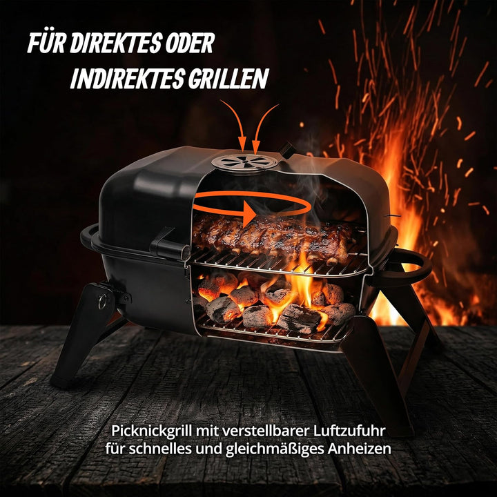 Relaxdays Tischgrill, tragbarer Klappgrill, HBT: 34 x 59 x 36 cm, Warmhalterost, Lüftung, Kohlegrill
