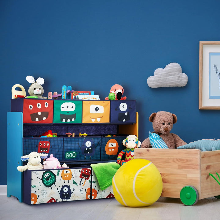 Relaxdays Kinderregal mit 9 Stoffboxen, Monster Design, HxBxT: 70 x 92,5 30 cm, Spielzeugregal fürs
