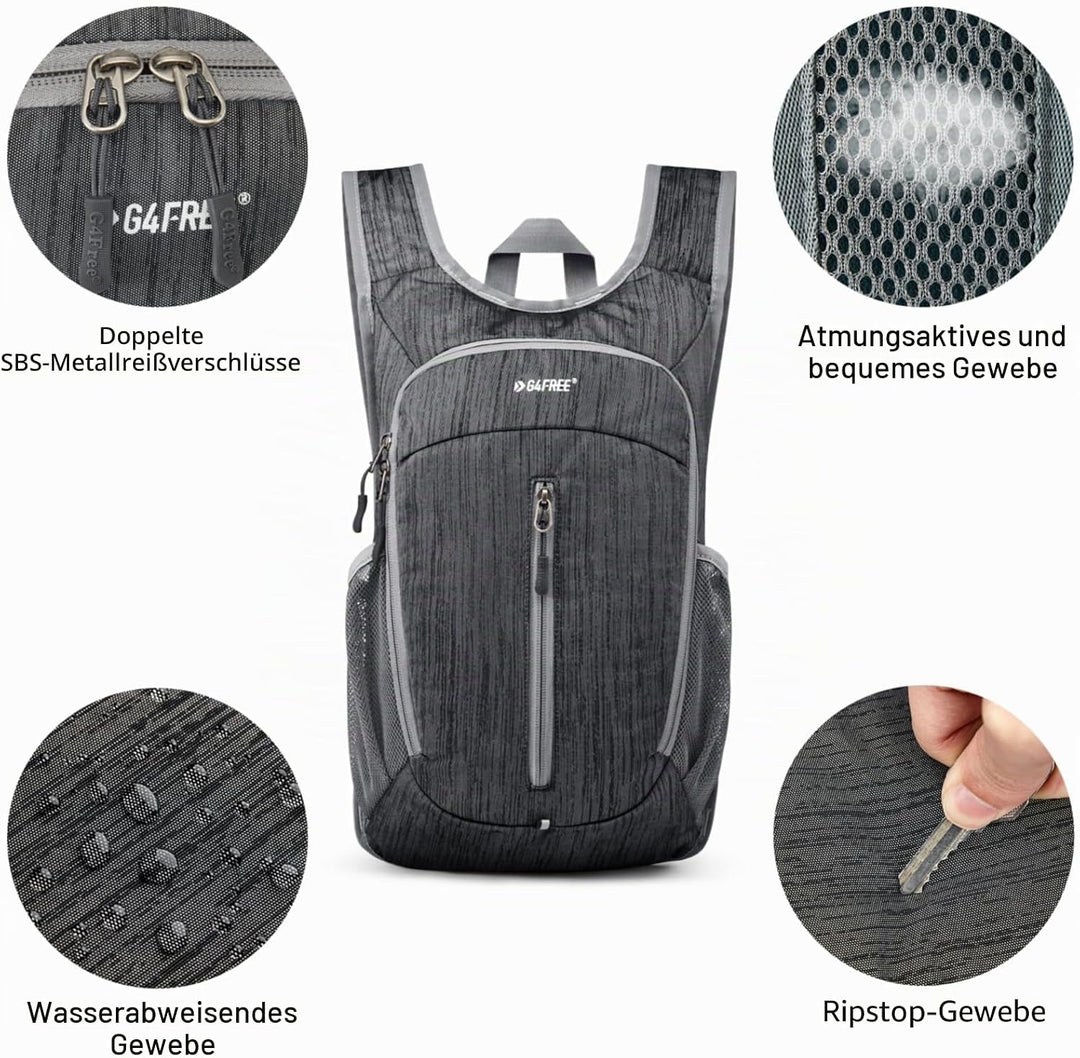 G4Free Wanderrucksack, 10 l, klein, für Reisen, Wandern, Tagesrucksack, leicht, verstaubar Schwarz 1