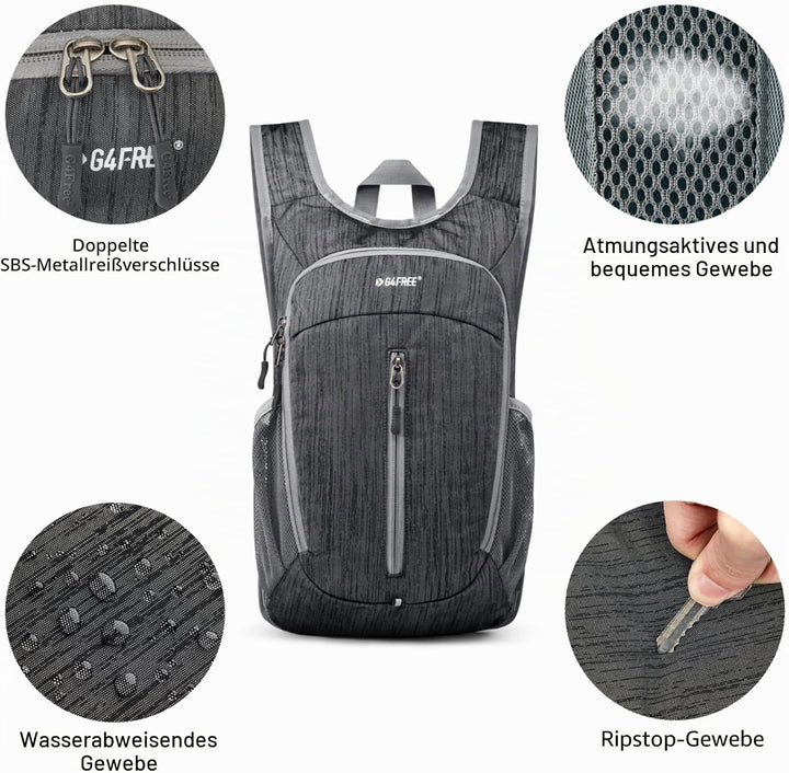 G4Free Wanderrucksack, 10 l, klein, für Reisen, Wandern, Tagesrucksack, leicht, verstaubar Schwarz 1