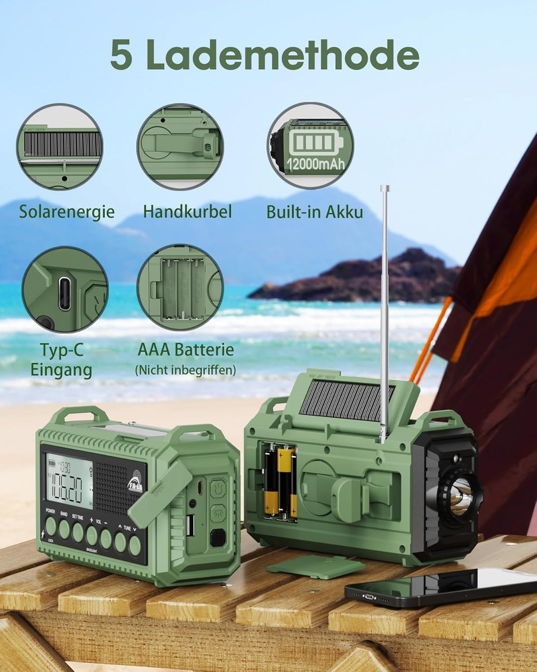 Roxicosly Kurbelradio Notfallradio AM/FM/SW Tragbares Solar Radio mit 12000mAh Akku, LCD Display,Tas