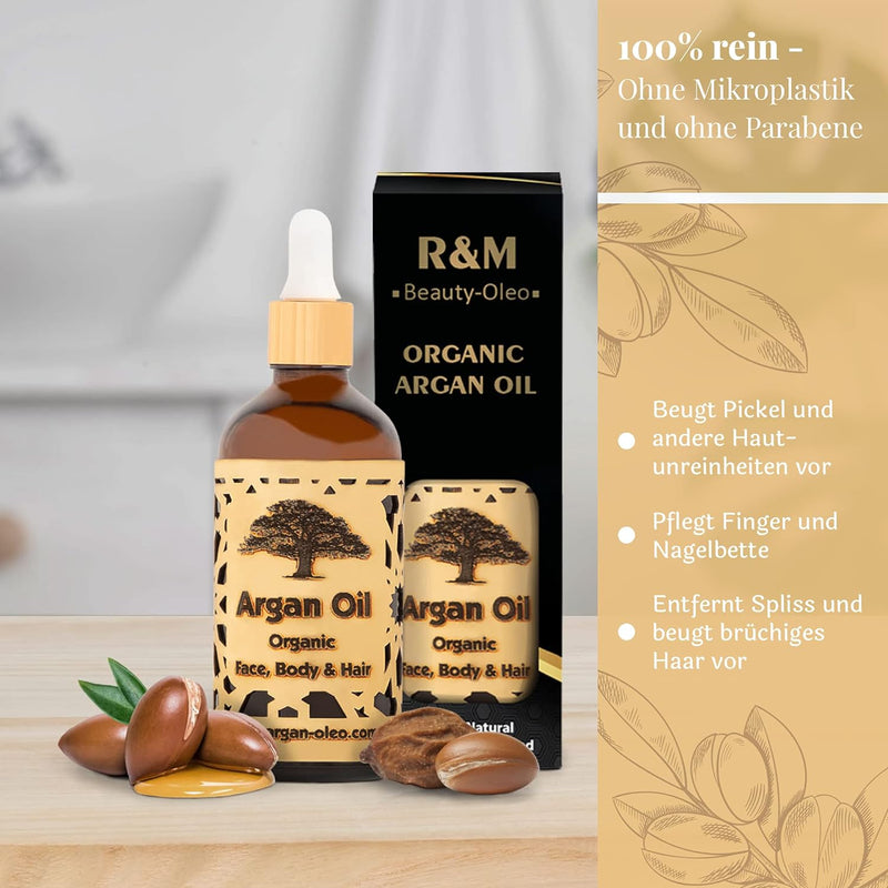 SEHR GUT IM TEST - R&M Beauty-Oleo 2x Bio Argan-Öl aus Marokko - Fair Trade Öl für Haare, Gesicht, N