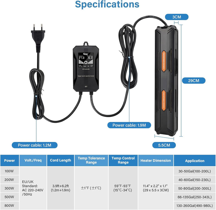 hygger Aquarium Heizung, 800W Temperatur Einstellbare Heizung für Aquarien, Aquarium Heizstab mit Ex
