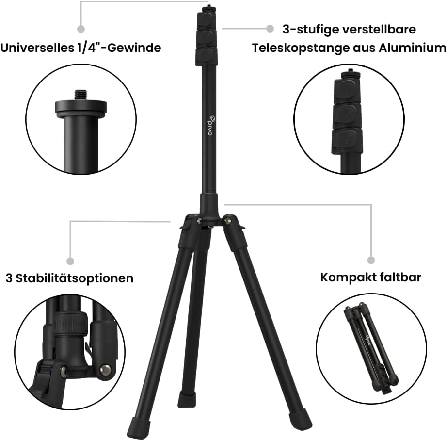 Pivo Stativ für Smartphone, Kamera, Flexibel, 160 cm mit universellem 1/4-Zoll-Gewinde und 3 Höhen f
