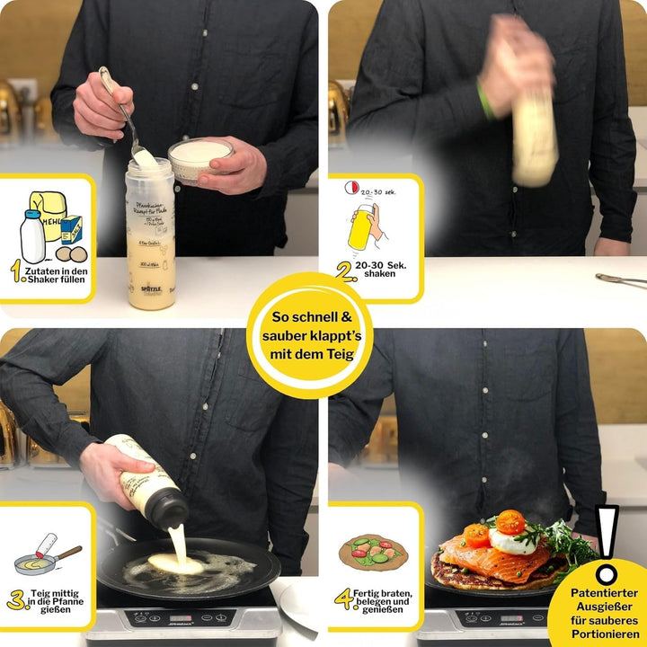 Pfannkuchen-Shaker (875ml, blau) einfach Teig machen und portionieren mit Rezeptaufdruck für Crêpes,